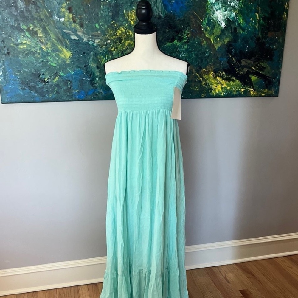 Boston Proper Elegant Aqua Off-Shoulder Maxi Dress
